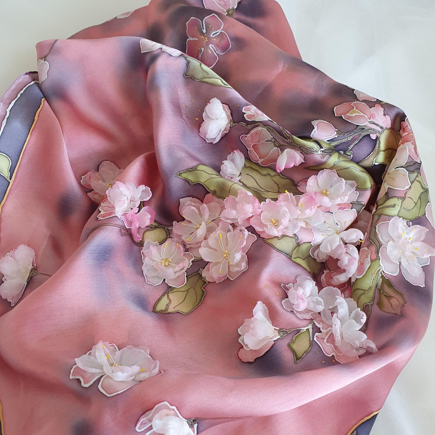 Hand-Painted Silk Satin Scarf with 3D Silk “Apple Blossoms” – 90x90cm