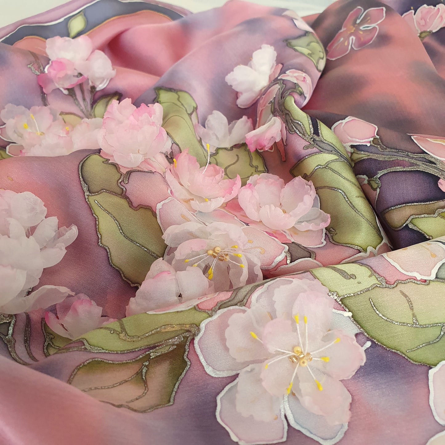 Hand-Painted Silk Satin Scarf with 3D Silk “Apple Blossoms” – 90x90cm