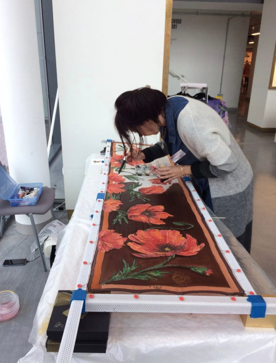 Hand-Painted Silk Crepe de Chine Scarf “Autumn Poppies” – 180x45cm