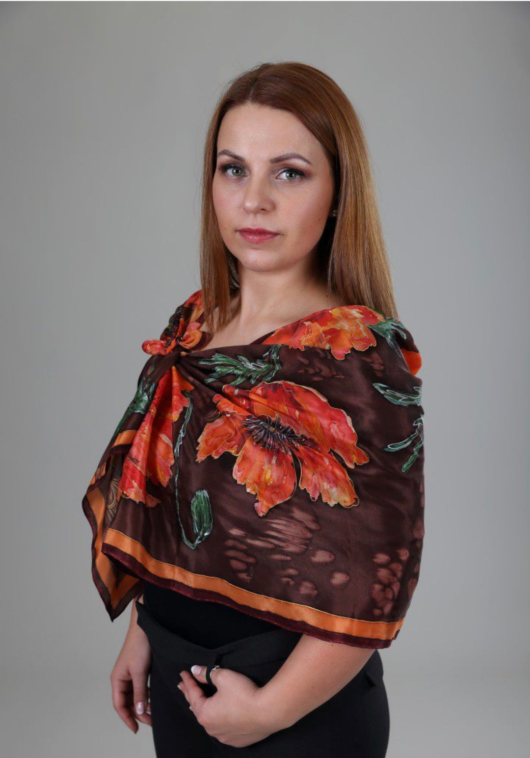 Hand-Painted Silk Crepe de Chine Scarf “Autumn Poppies” – 180x45cm