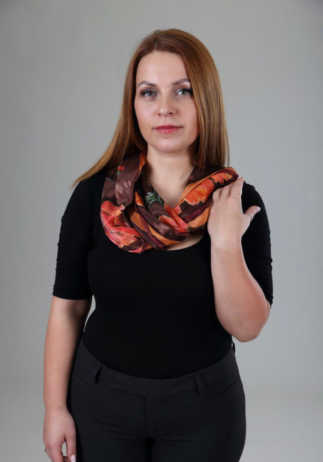 Hand-Painted Silk Crepe de Chine Scarf “Autumn Poppies” – 180x45cm