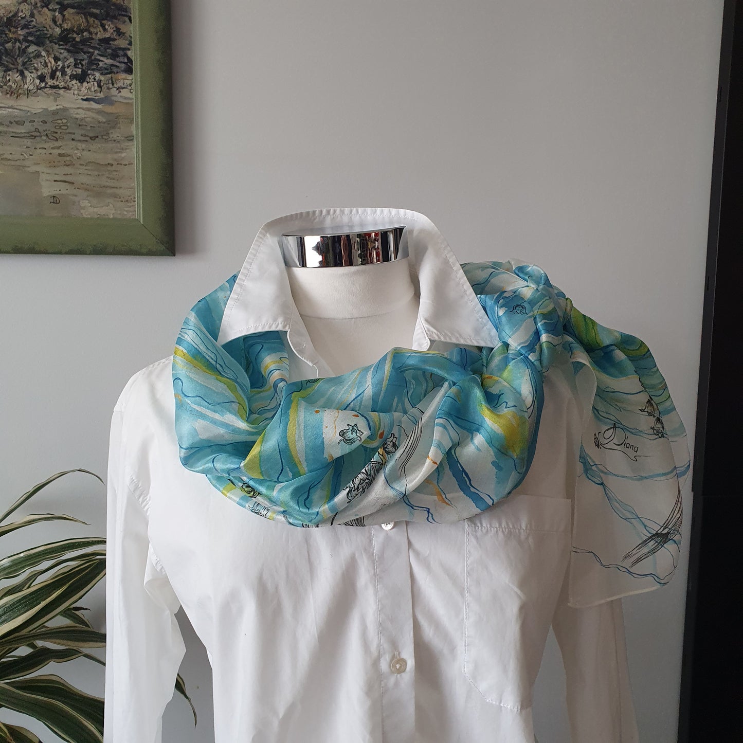 Hand-painted silk Scarf with “Lilies of the Valley” – 180x45cm