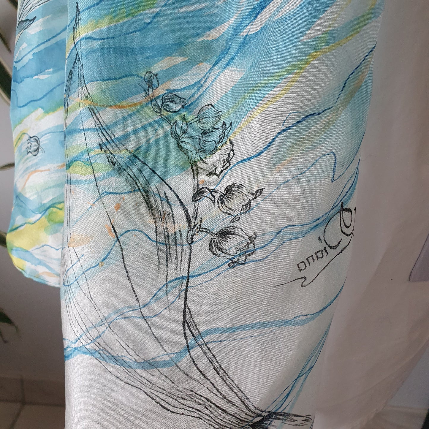 Hand-painted silk Scarf with “Lilies of the Valley” – 180x45cm