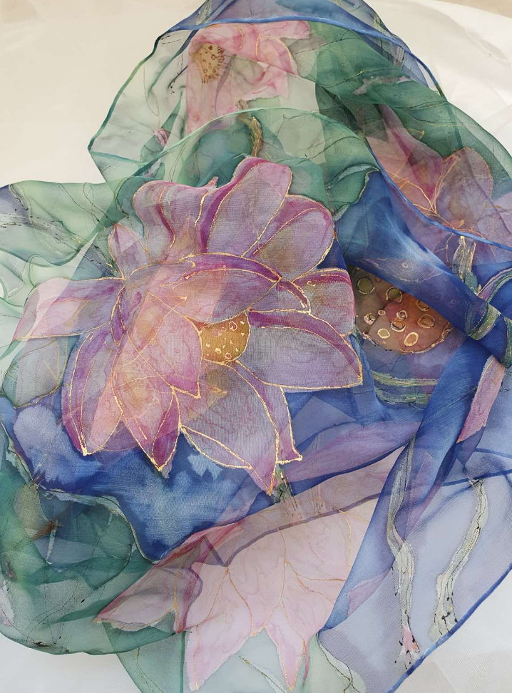 Hand-Painted Silk Chiffon Scarf “Water Lilies”– 180x45cm