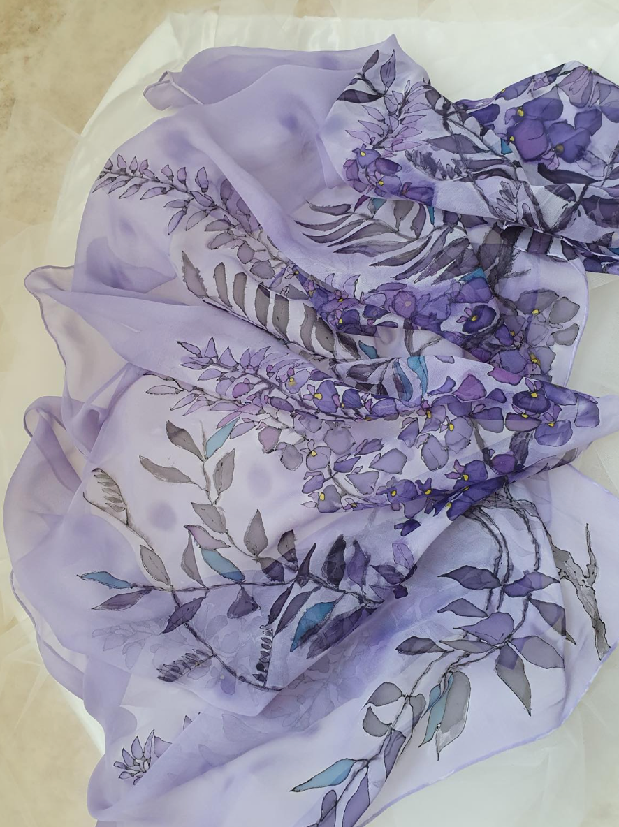 Hand-Painted Silk Georgette Scarf with “Wisteria” Design – 220x57cm