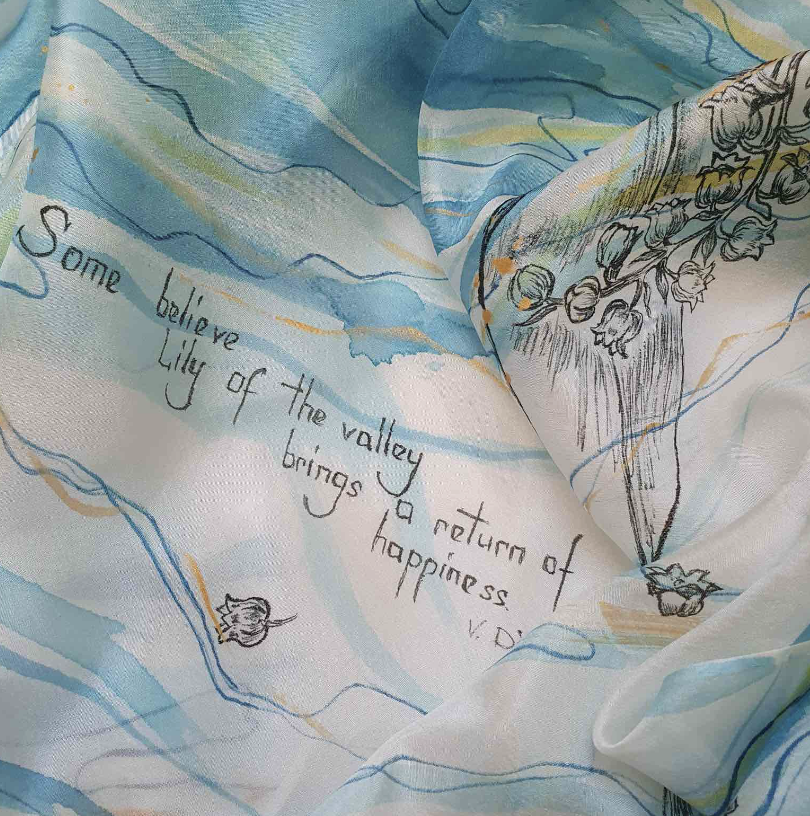 Hand-painted silk Scarf with “Lilies of the Valley” – 180x45cm