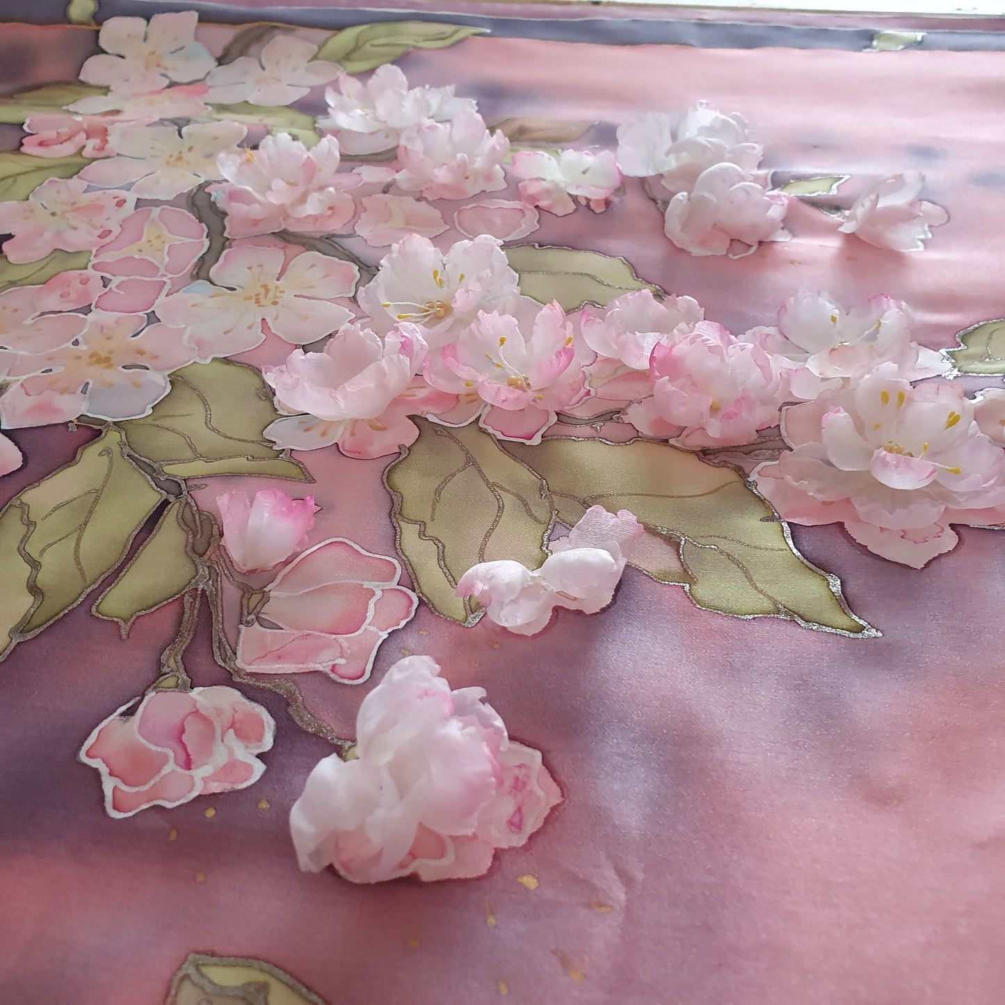 Hand-Painted Silk Satin Scarf with 3D Silk “Apple Blossoms” – 90x90cm