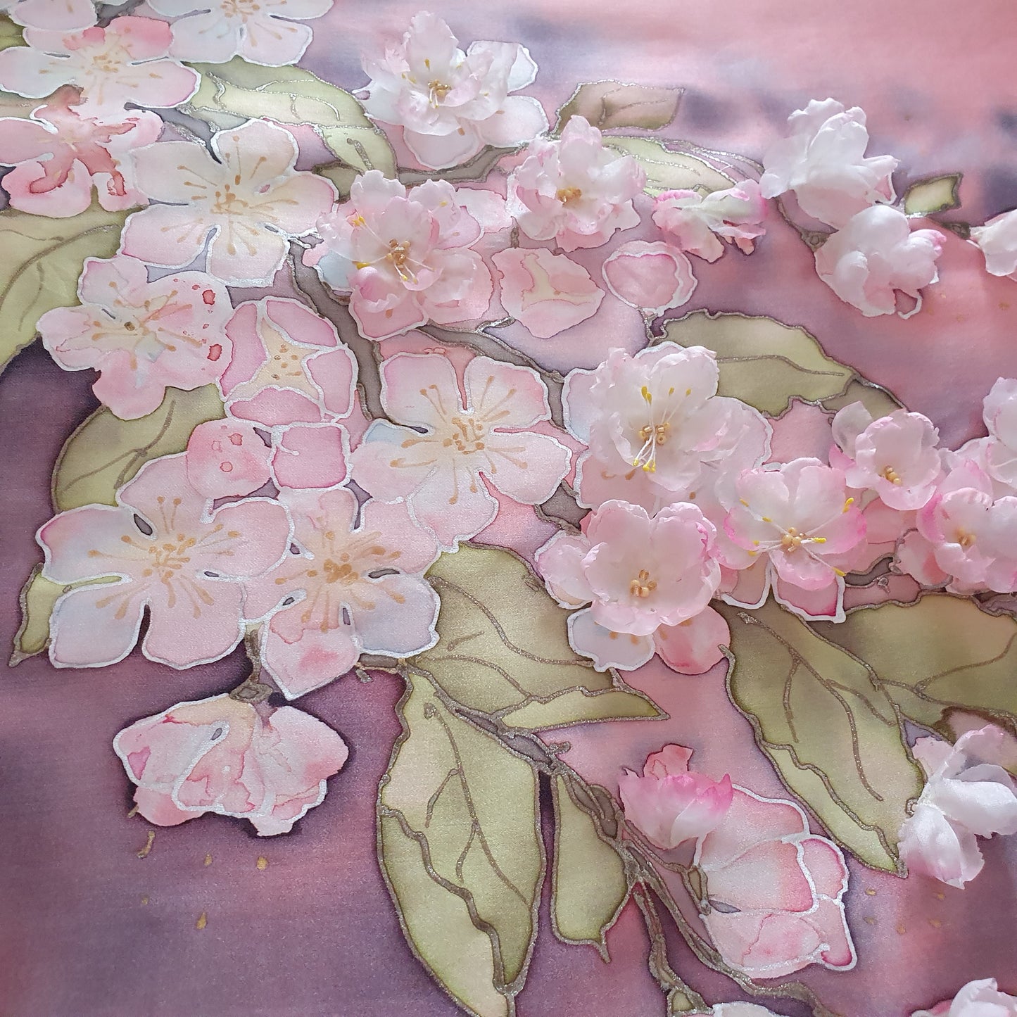Hand-Painted Silk Satin Scarf with 3D Silk “Apple Blossoms” – 90x90cm