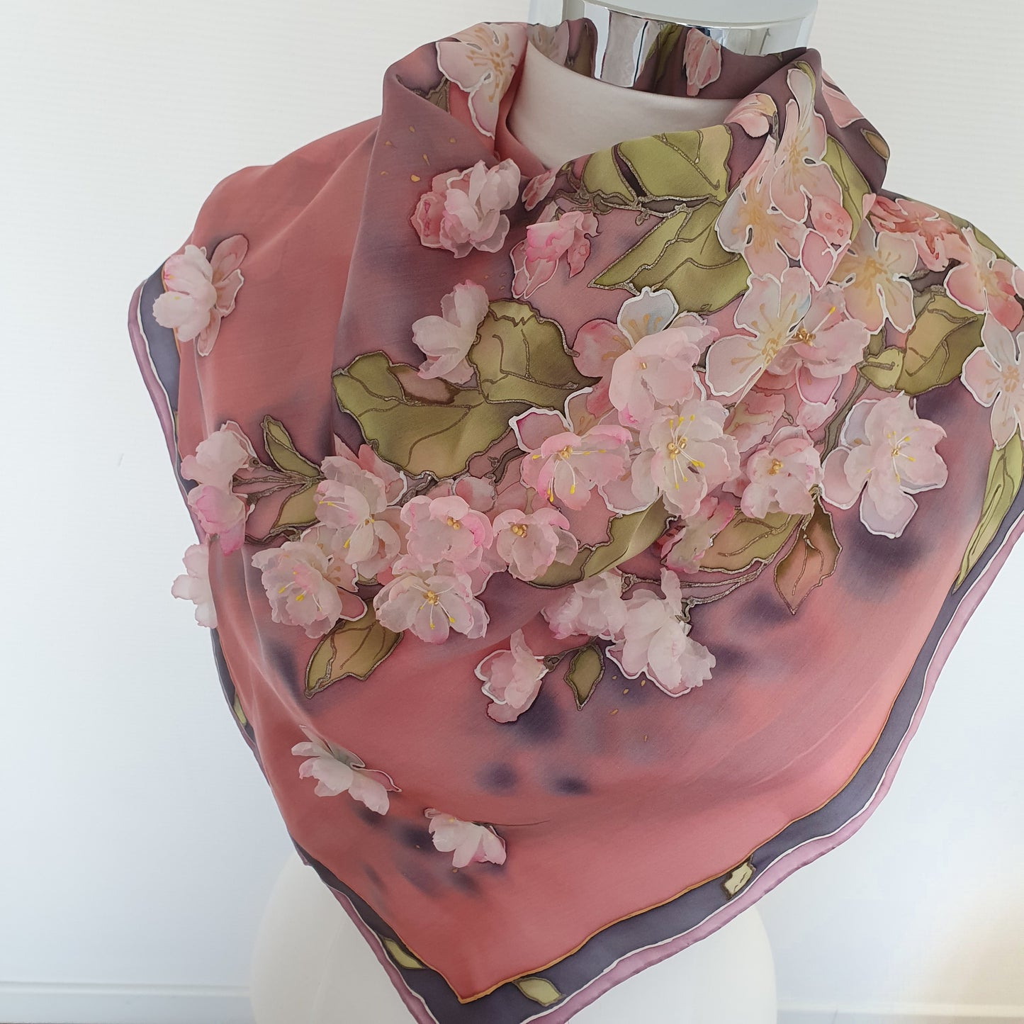 Hand-Painted Silk Satin Scarf with 3D Silk “Apple Blossoms” – 90x90cm