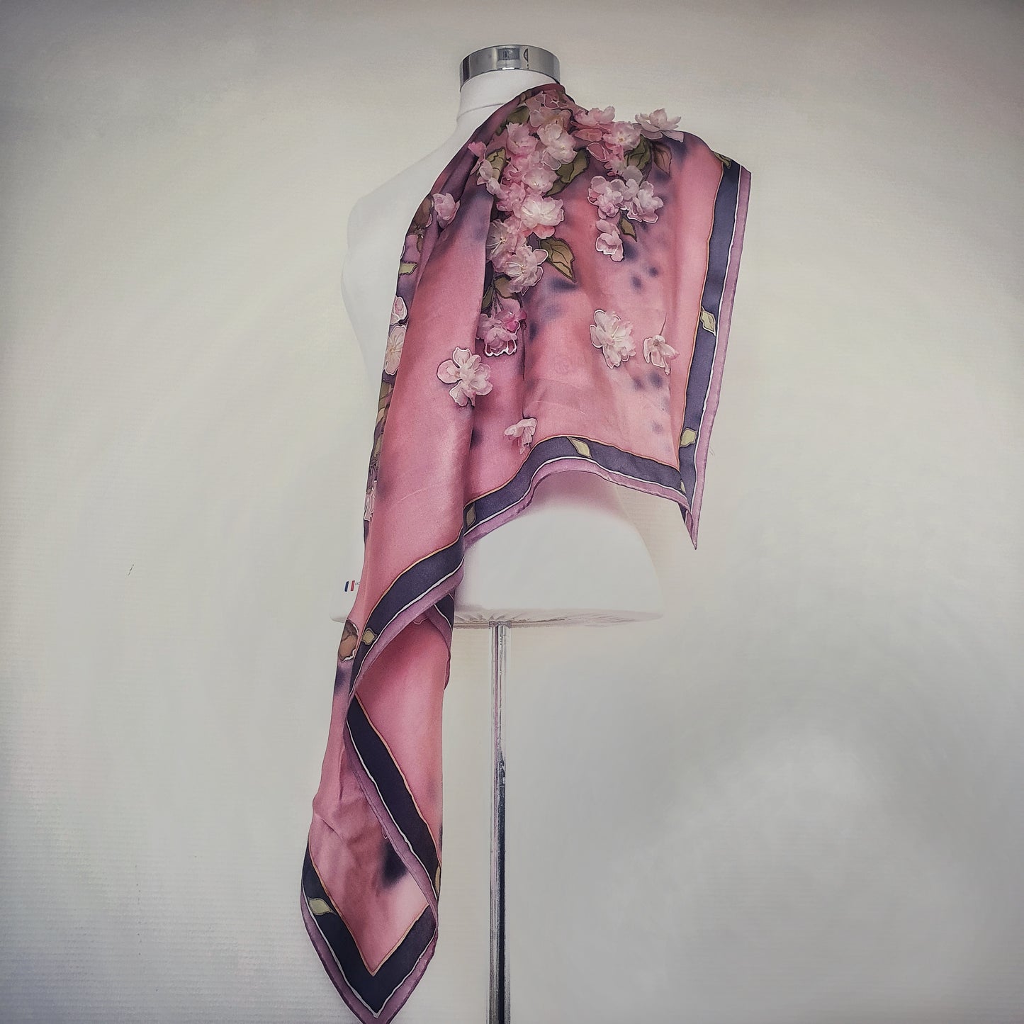 Hand-Painted Silk Satin Scarf with 3D Silk “Apple Blossoms” – 90x90cm