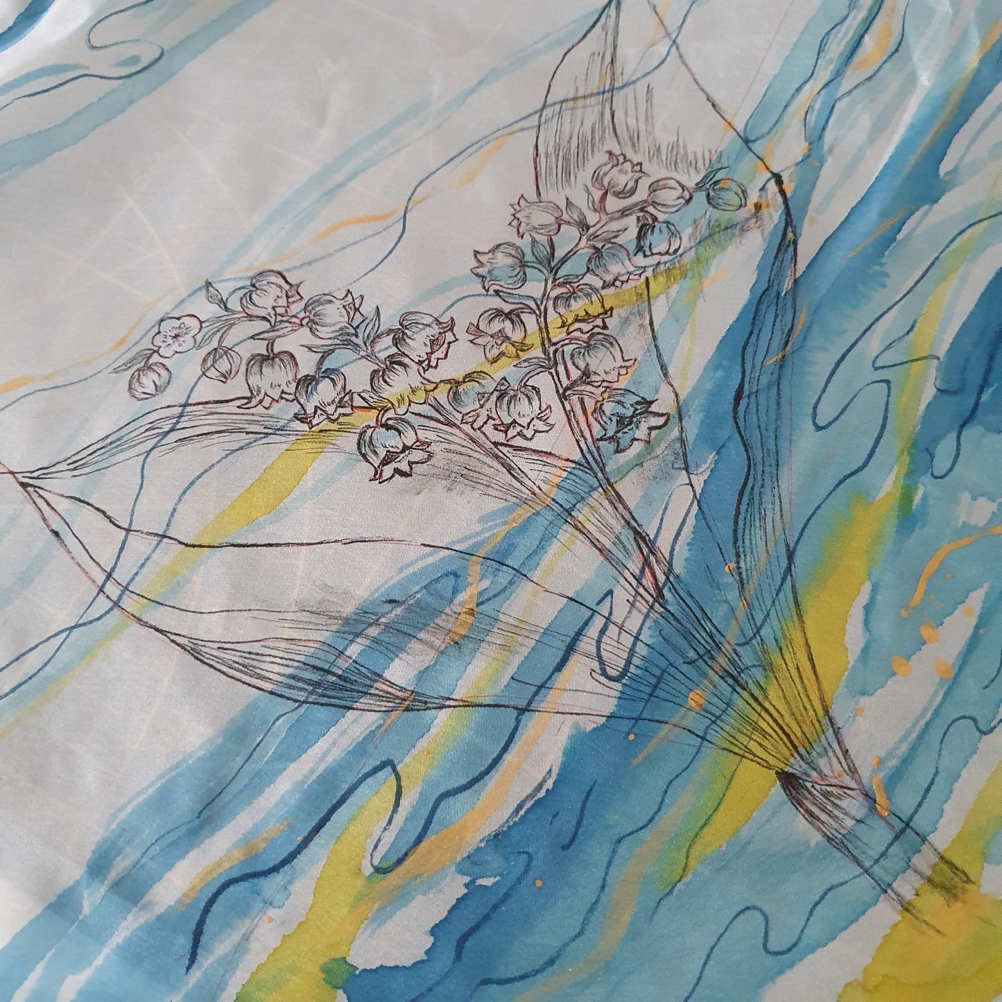Hand-painted silk Scarf with “Lilies of the Valley” – 180x45cm