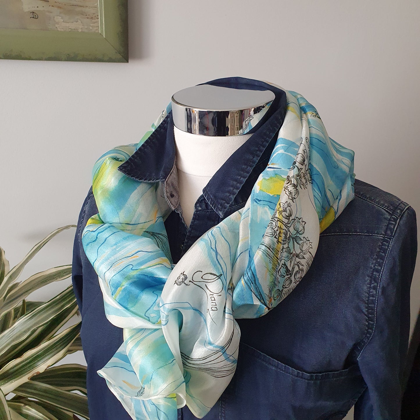Hand-painted silk Scarf with “Lilies of the Valley” – 180x45cm