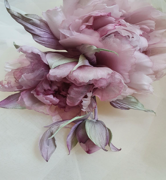 Hand-Crafted Silk Peonies Brooch – Elegant Blush Pink Floral Pin
