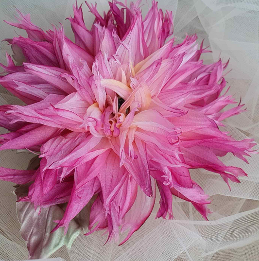 Luxury Hand-Crafted Silk  “Pink Dahlia Flower Brooch”
