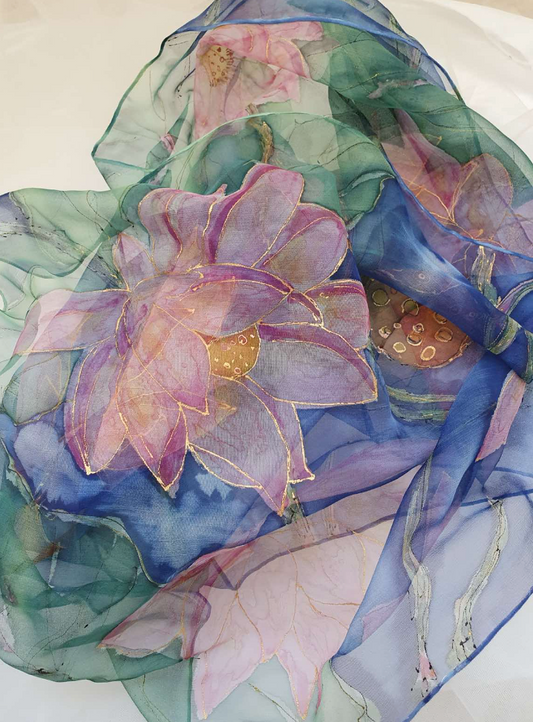 Hand-Painted Silk Chiffon Scarf “Water Lilies”– 180x45cm