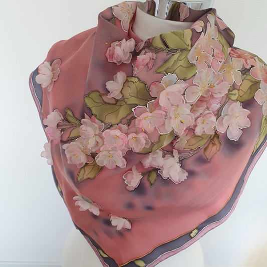 Hand-Painted Silk Satin Scarf with 3D Silk “Apple Blossoms” – 90x90cm