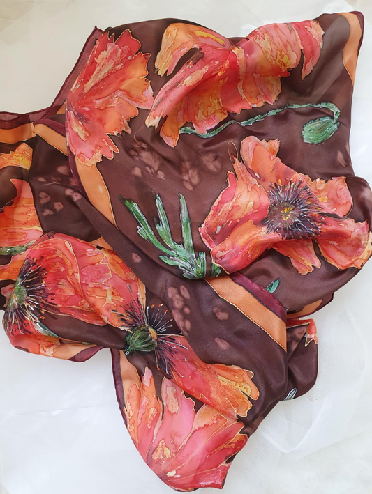 Hand-Painted Silk Crepe de Chine Scarf “Autumn Poppies” – 180x45cm