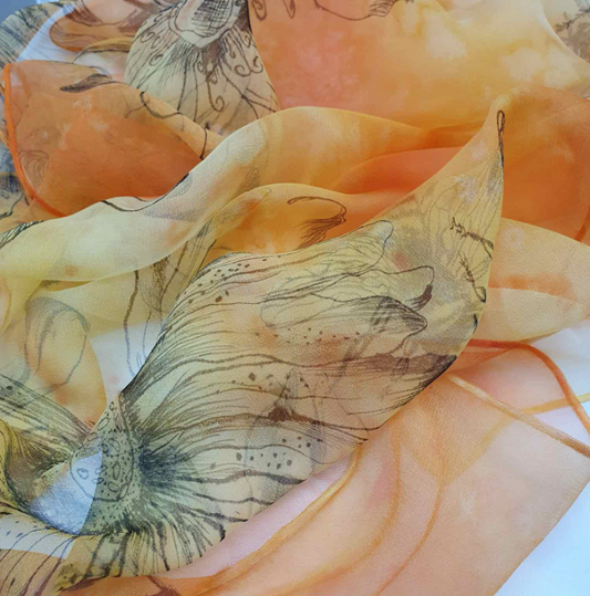 Hand-Painted Silk Chiffon Scarf with “Sunflowers and Bumblebees” – 180x45cm