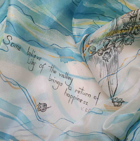 Hand-painted silk Scarf with “Lilies of the Valley” – 180x45cm